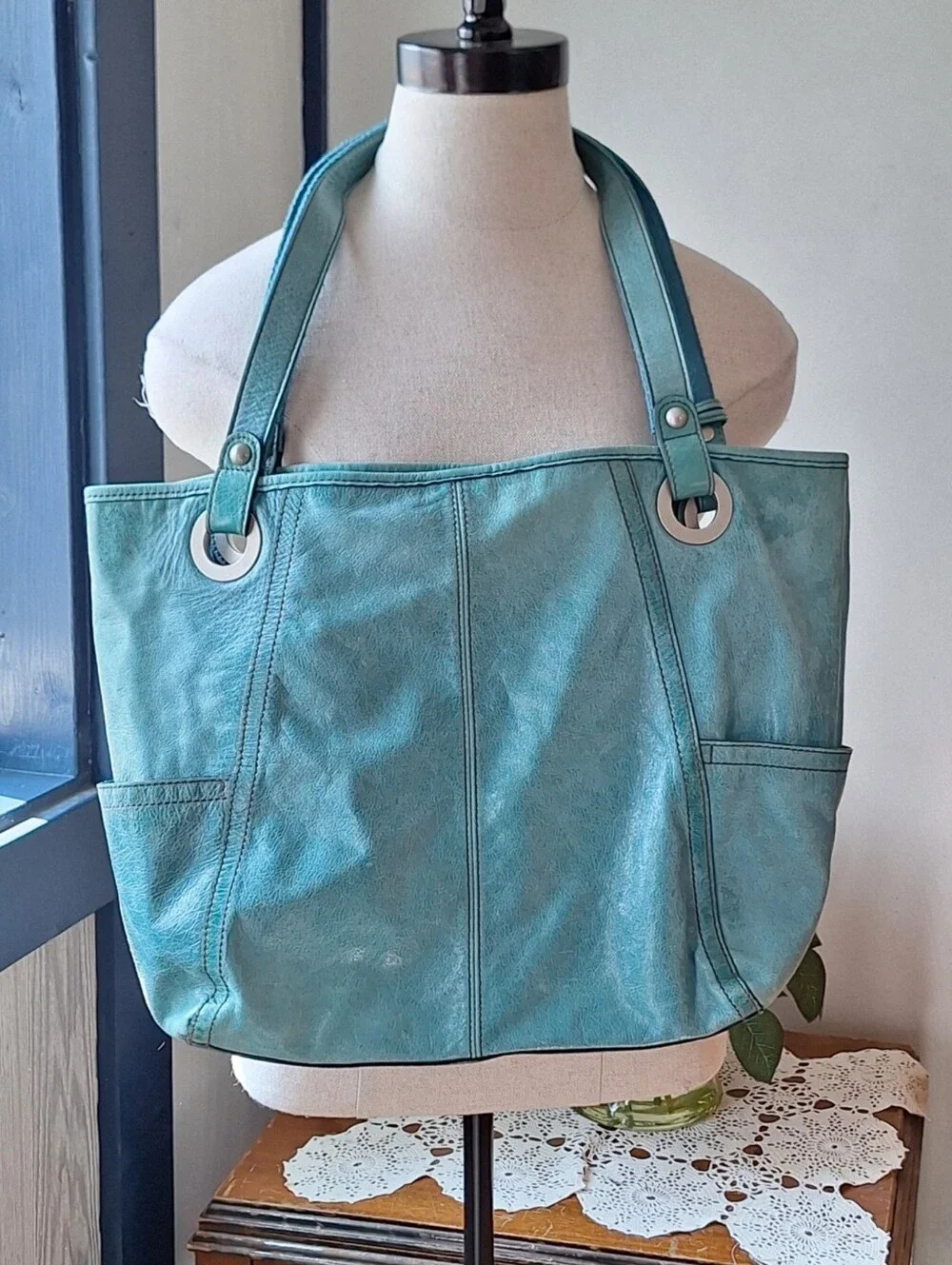 Fossil Hathaway Light Teal Leather Shoulder Tote Bag - Picture 4 of 13
